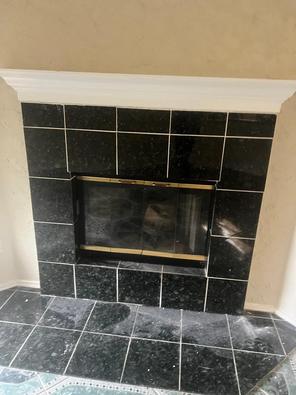 Fireplace featuring a black tiled surround and hearth, white mantel, and brass-trimmed glass doors