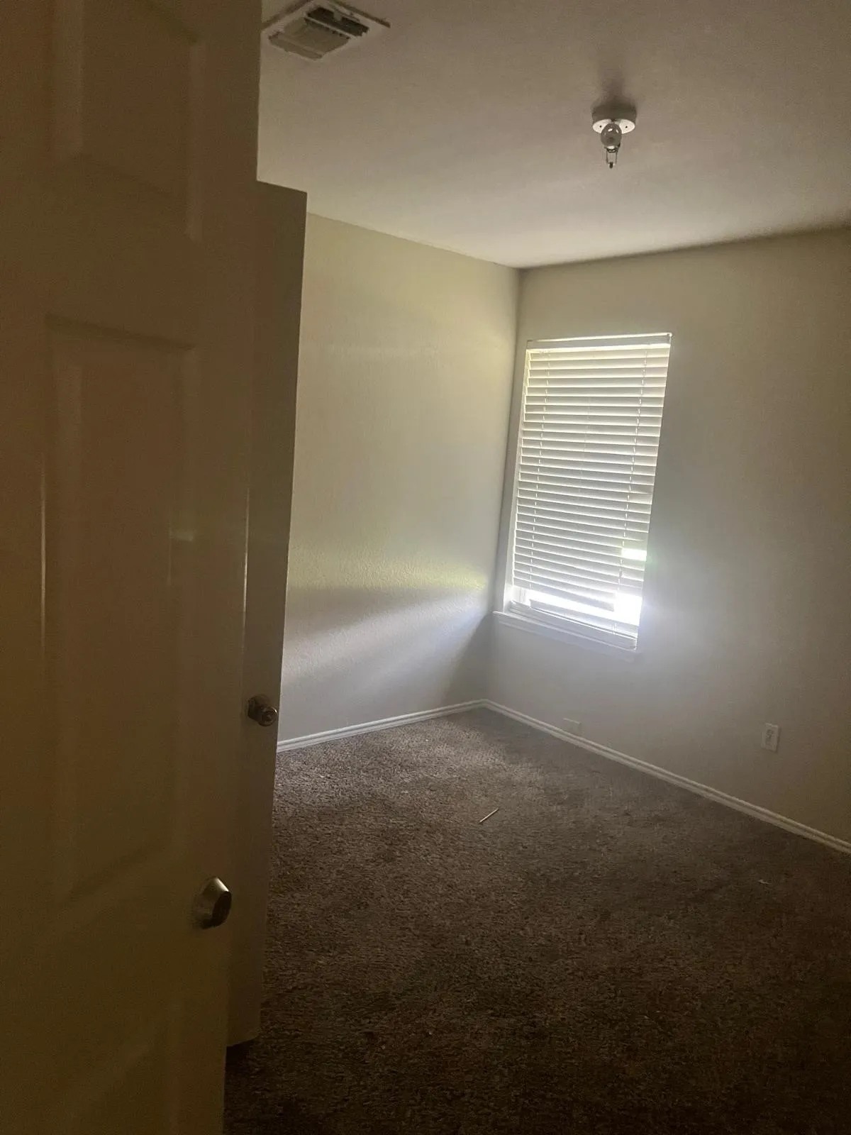 Room featuring textured carpeting, neutral wall finishes, and a single window with horizontal blinds