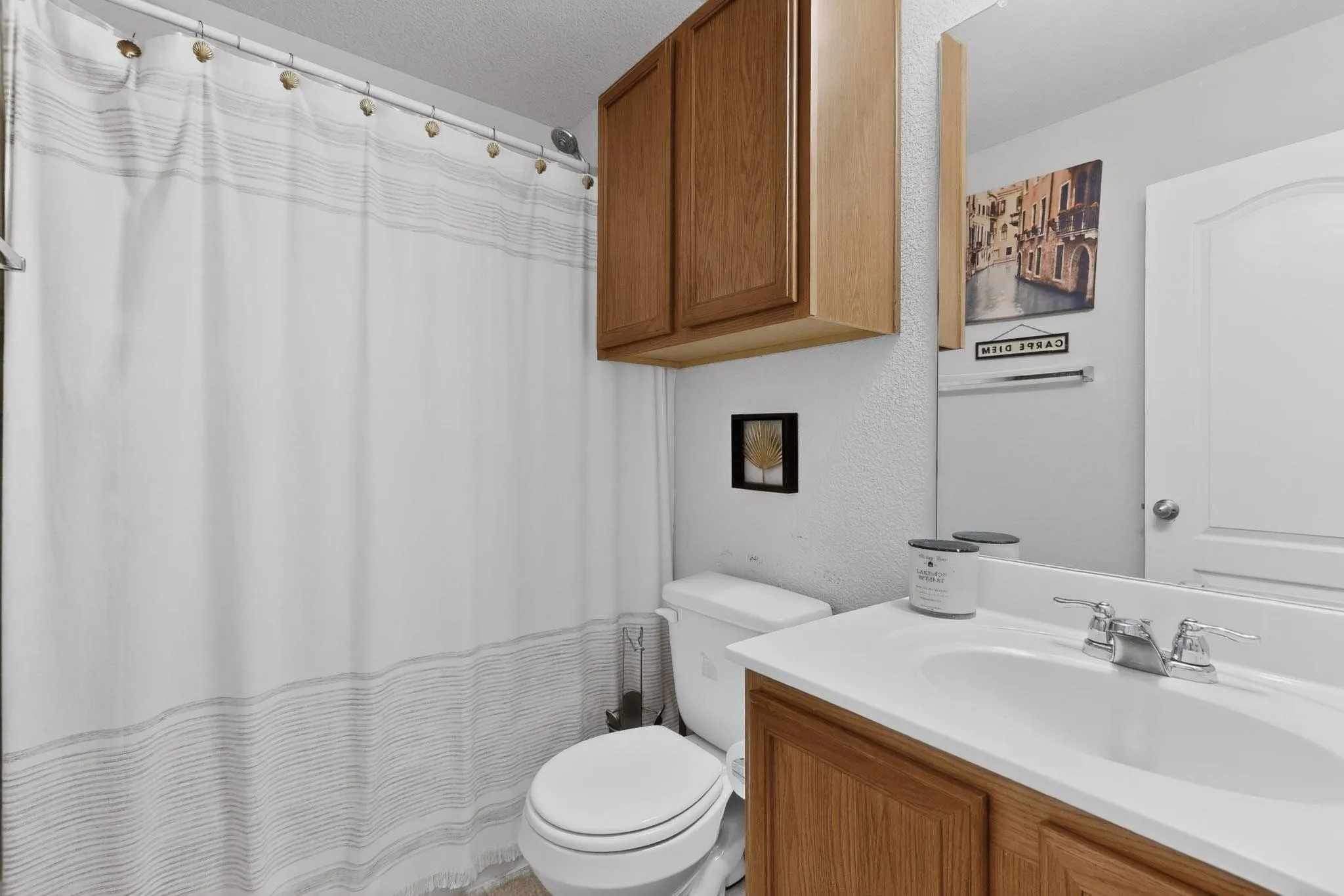 Bathroom featuring vanity, a shower with curtain, and a textured wall