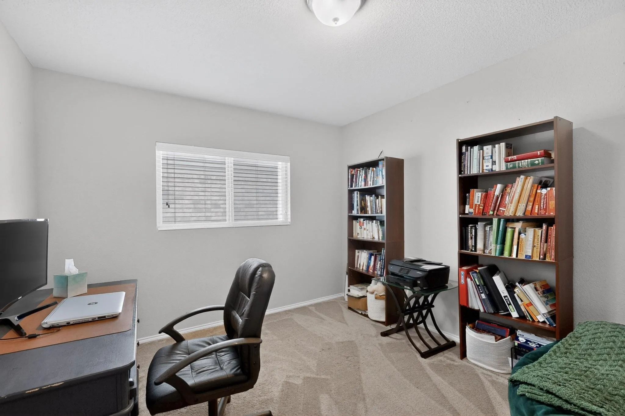 Office with light carpet and baseboards