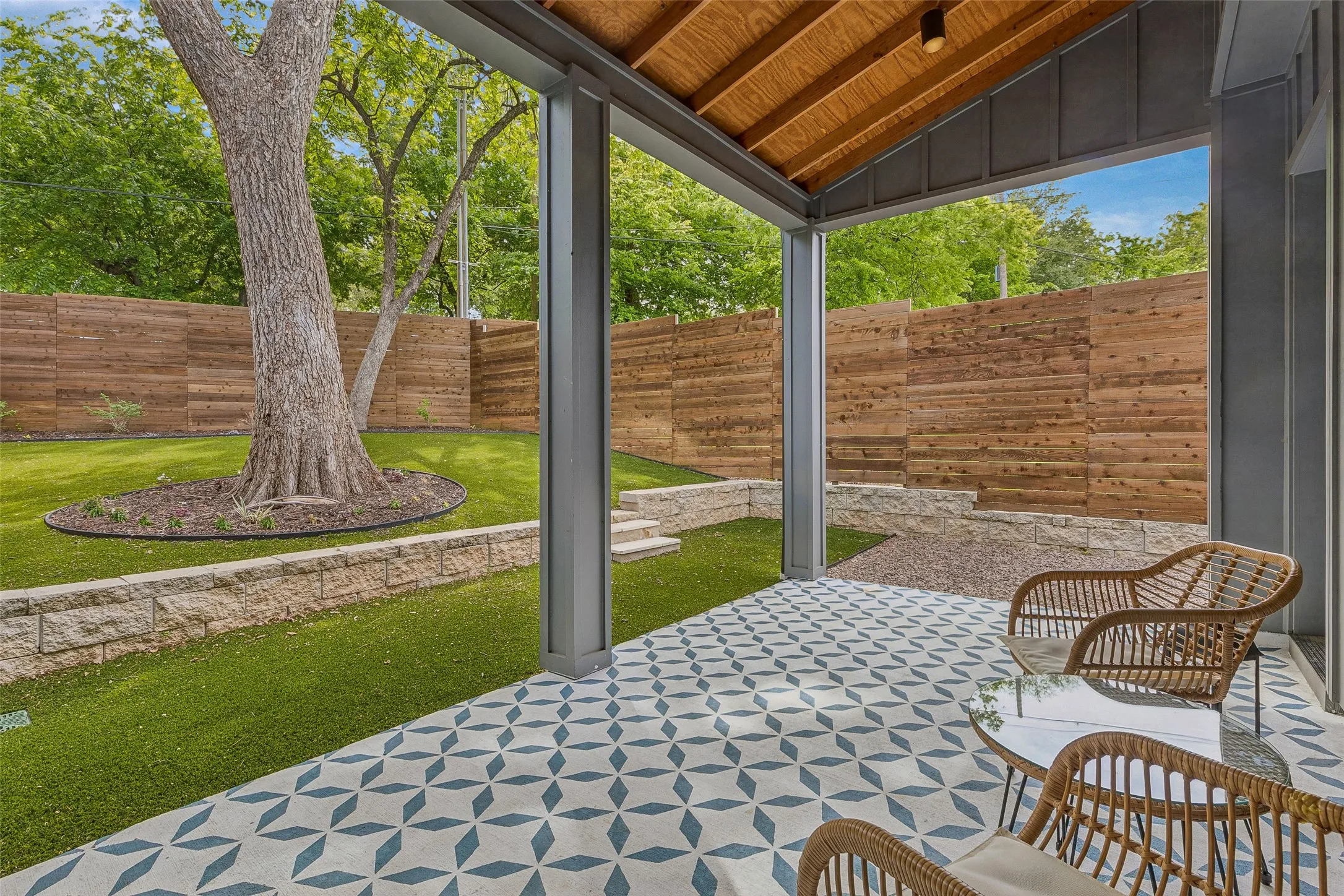Fenced backyard featuring a patio area