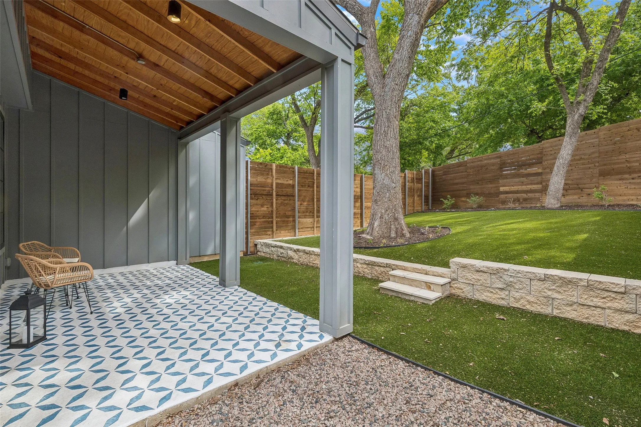 Fenced backyard with a patio