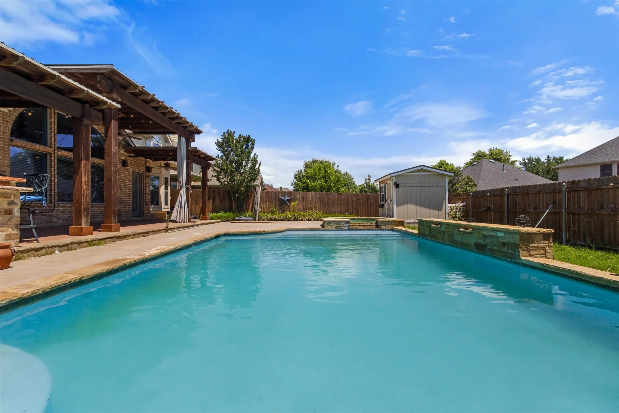 freshly renovated pool (2026) with shed for pool storage