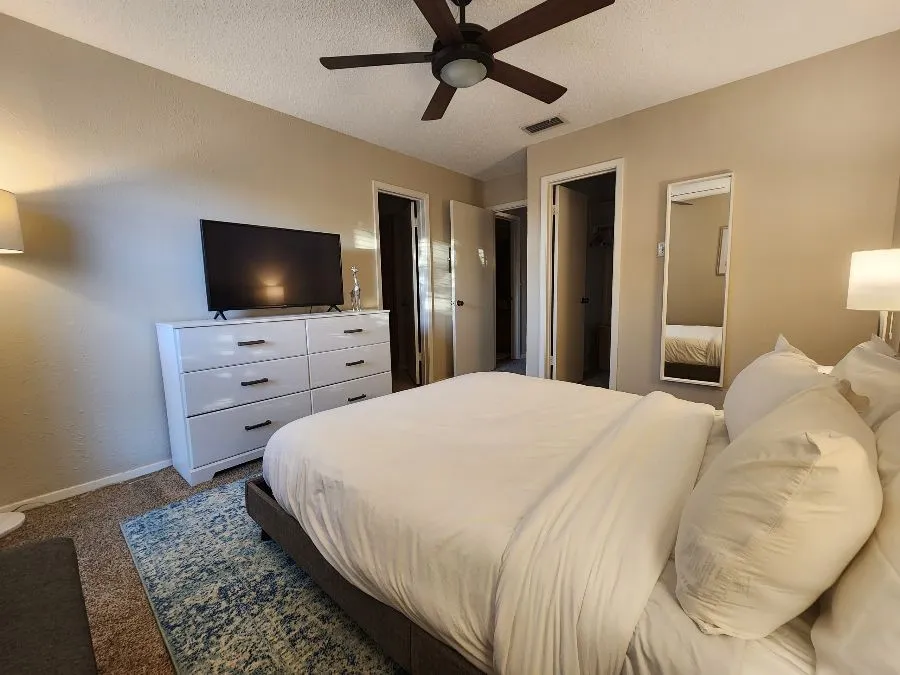 Master Bedroom with dark carpet, a textured ceiling, ceiling fan, and a walk in closet