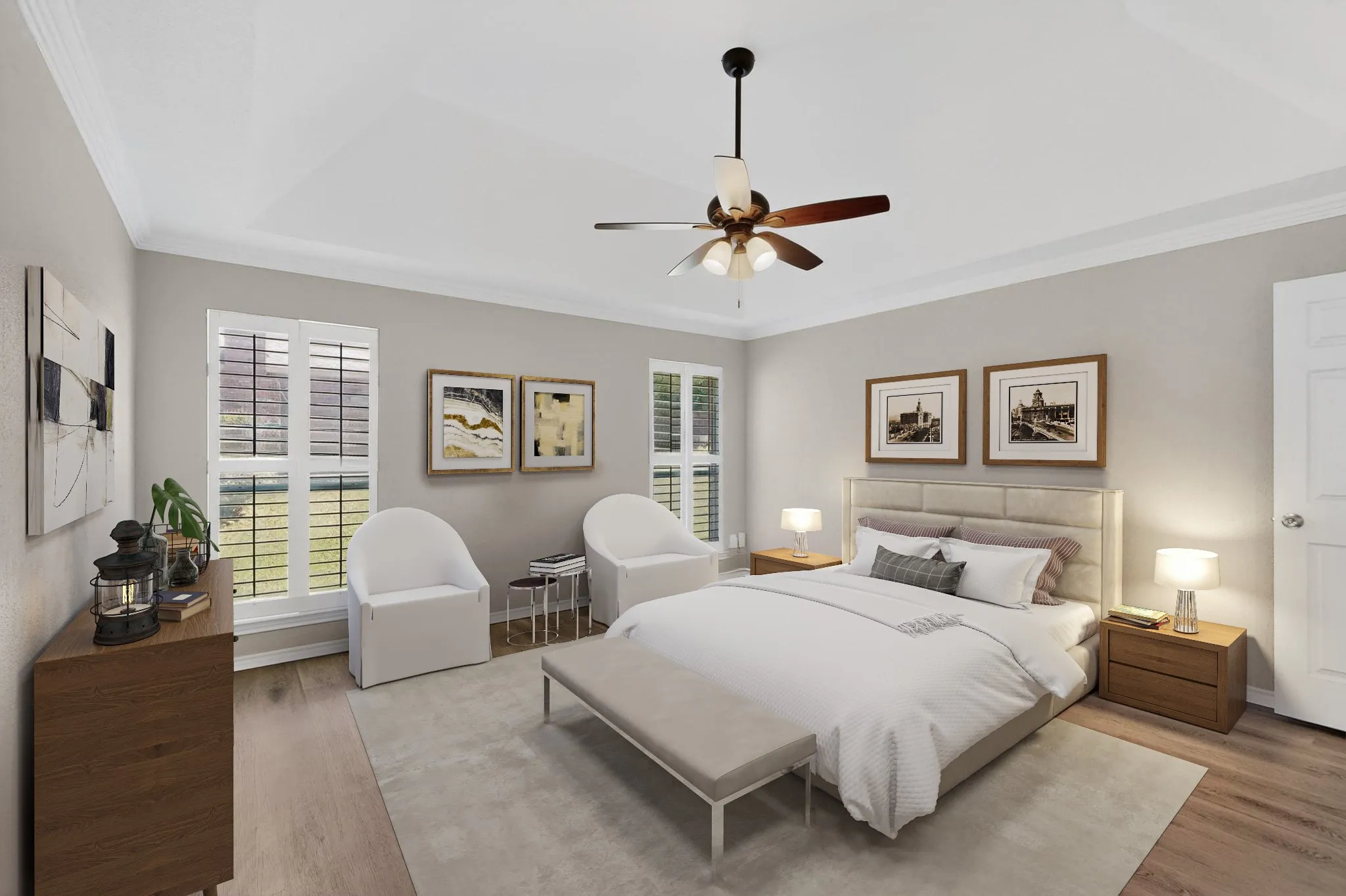 Bedroom featuring crown molding, light wood-type flooring, and ceiling fan