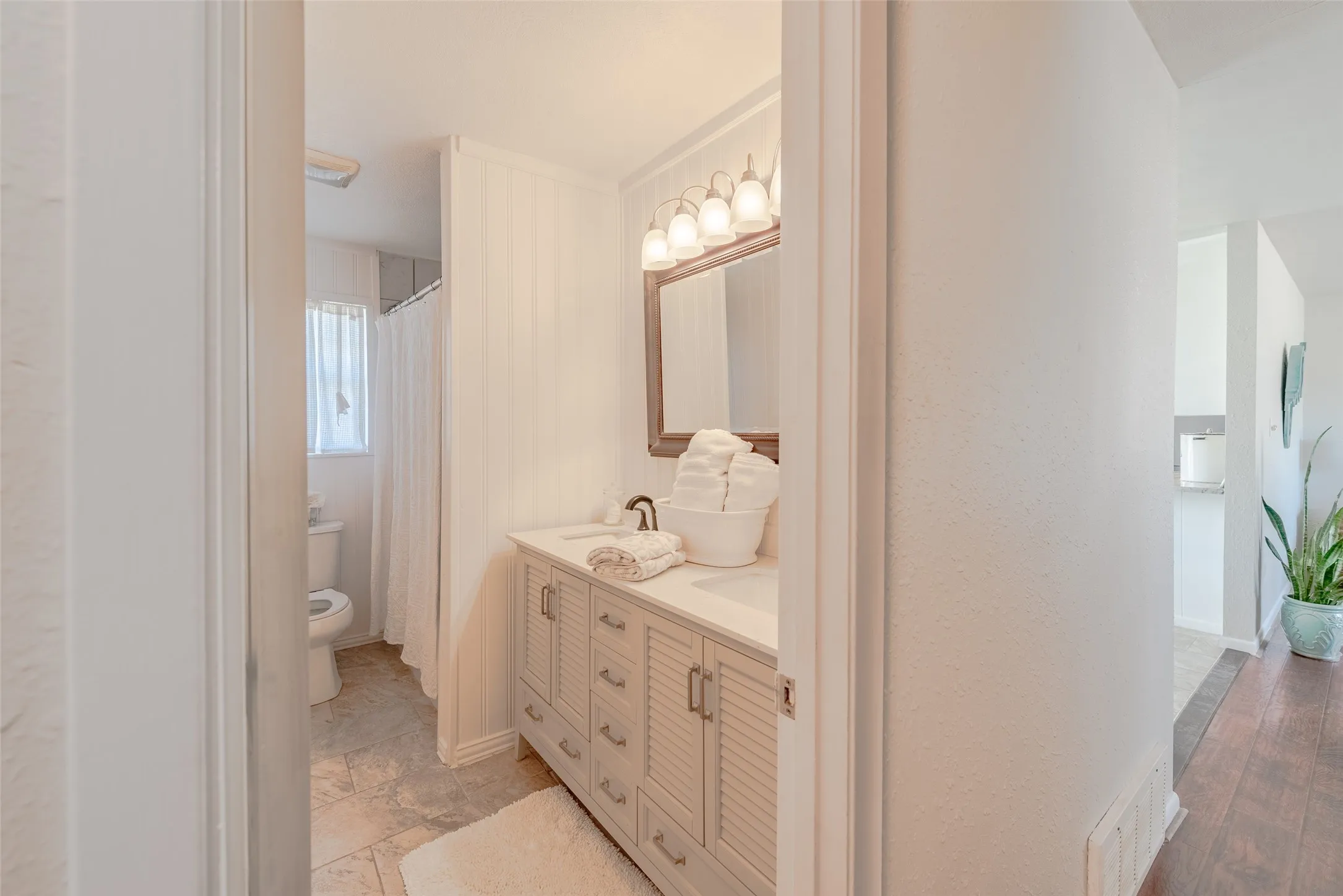 Bathroom with vanity, toilet, and wood-type flooring