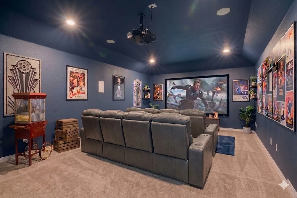 Cinema featuring light colored carpet and recessed lighting