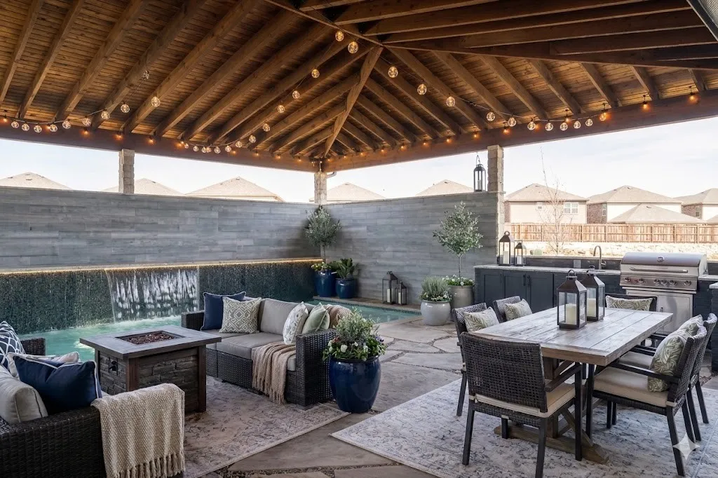 Fenced backyard featuring an outdoor living / dining area, a patio, a fire pit, and exterior kitchen