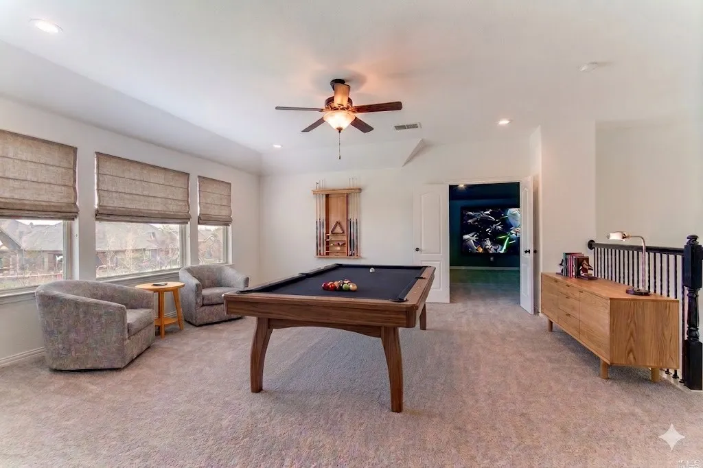Rec room with light carpet, ceiling fan, pool table, and recessed lighting