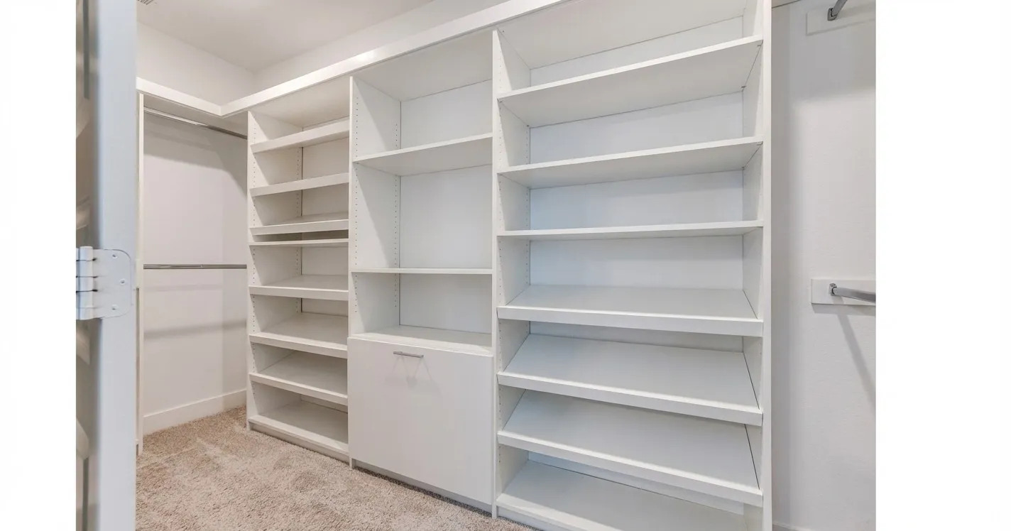 Custom designed closet system in primary bedroom closet.