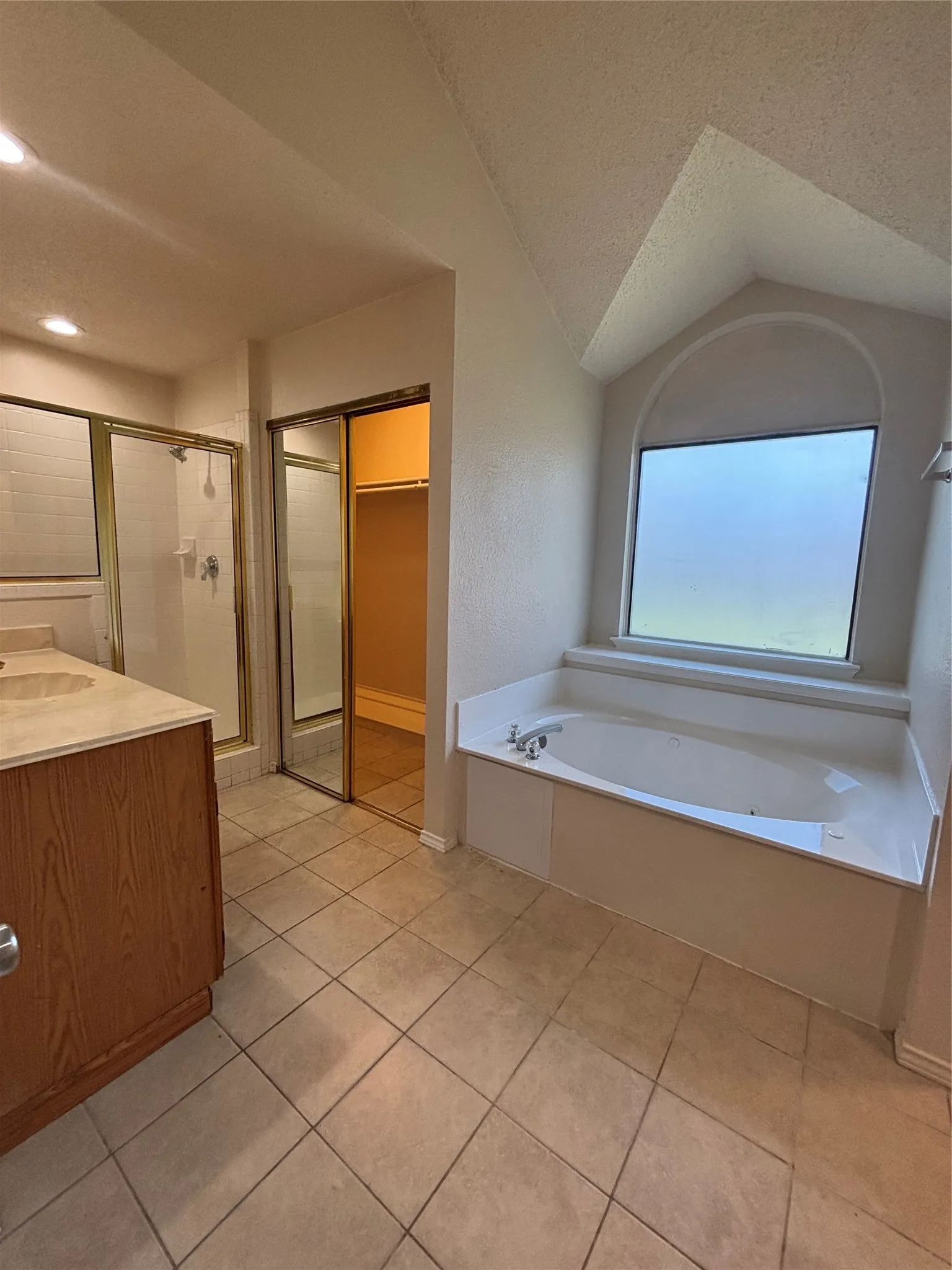 Full bath with a garden tub, a shower stall, vanity, light tile patterned floors, and a spacious closet