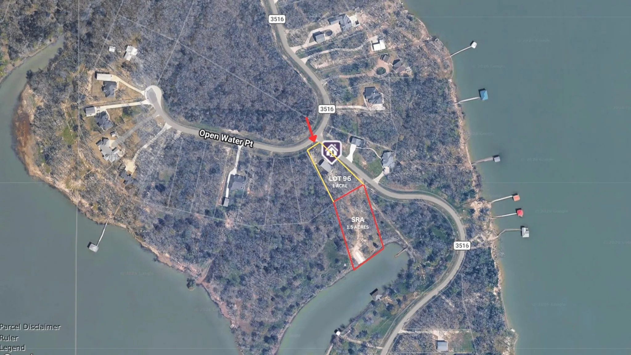 Approximate outline showing the 1-acre deeded lot, plus 1.5 acre Sabine River Authority Land for exclusive use with lakefront access on annual $55 a year lease