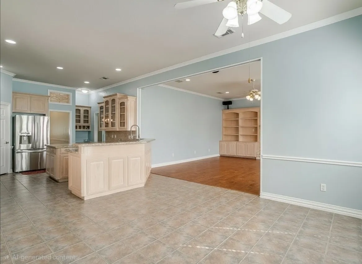 AI updated paint, will be completed 7/29 Kitchen featuring light wood cabinetry, stainless steel refrigerator, and granite countertops