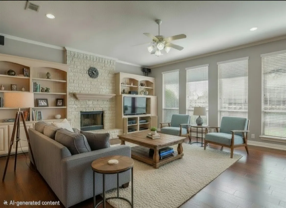 Living room 2 with AI updated  paint to be completed 7/29 and AI generated furniture placement. Living area featuring a stone fireplace with a wood mantle, built-in shelving, wood-finish flooring, recessed lighting, and multiple windows with blinds