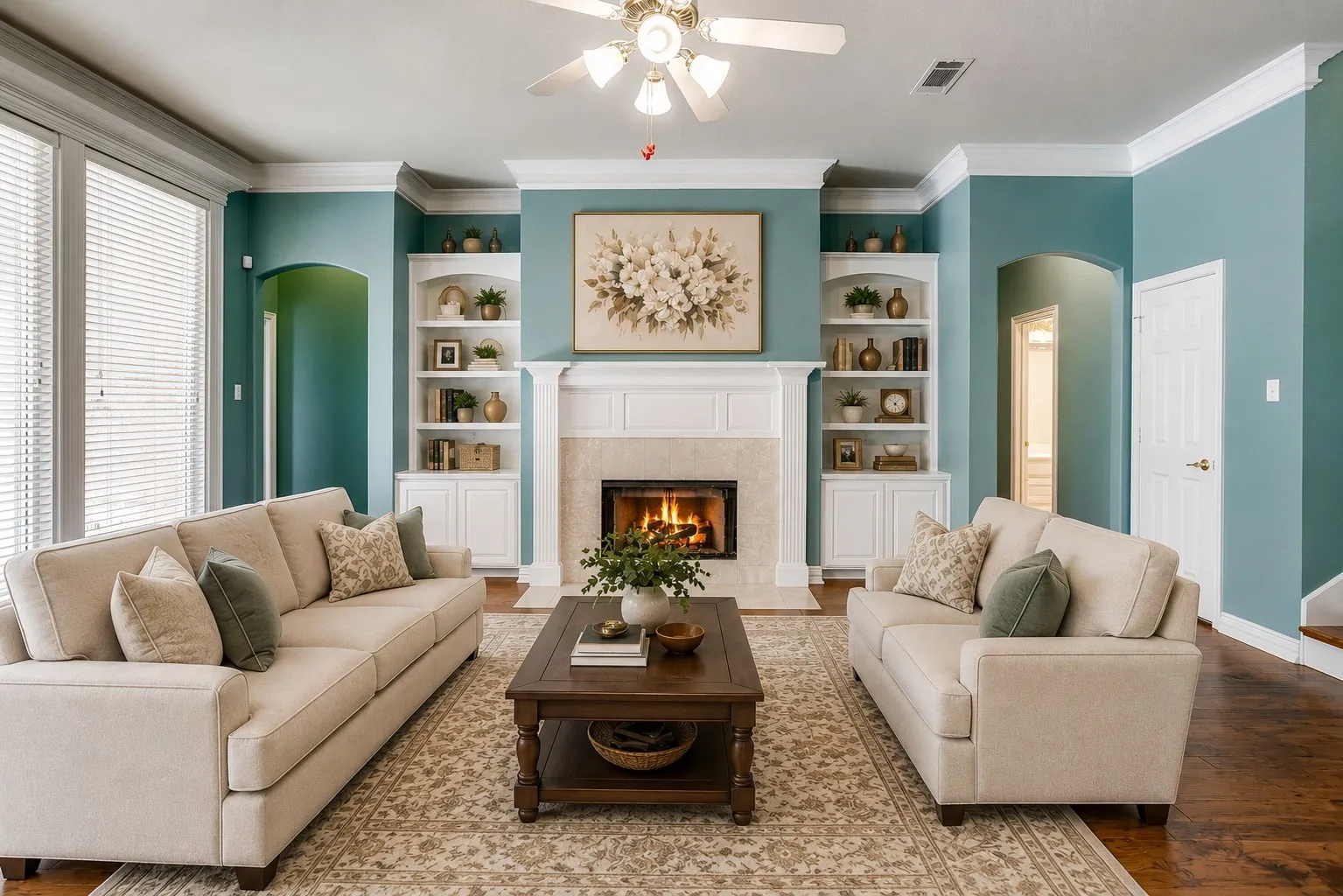 AI generated for furniture placement. Living area featuring a fireplace with a mantel, built-in shelving, wood-finish flooring, and crown molding