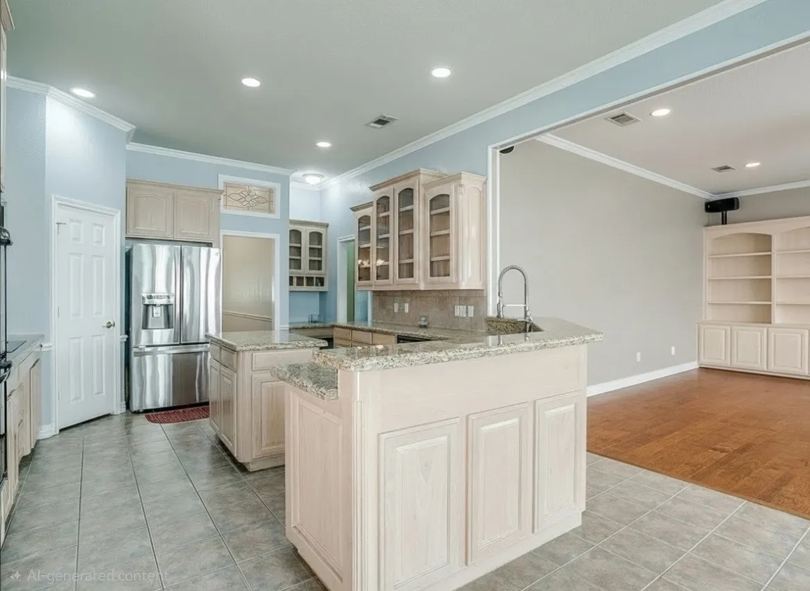 AI updated paint, paint will be completed 7/29 Kitchen featuring dual islands with granite countertops, light-toned cabinetry, tile flooring, and a stainless steel refrigerator