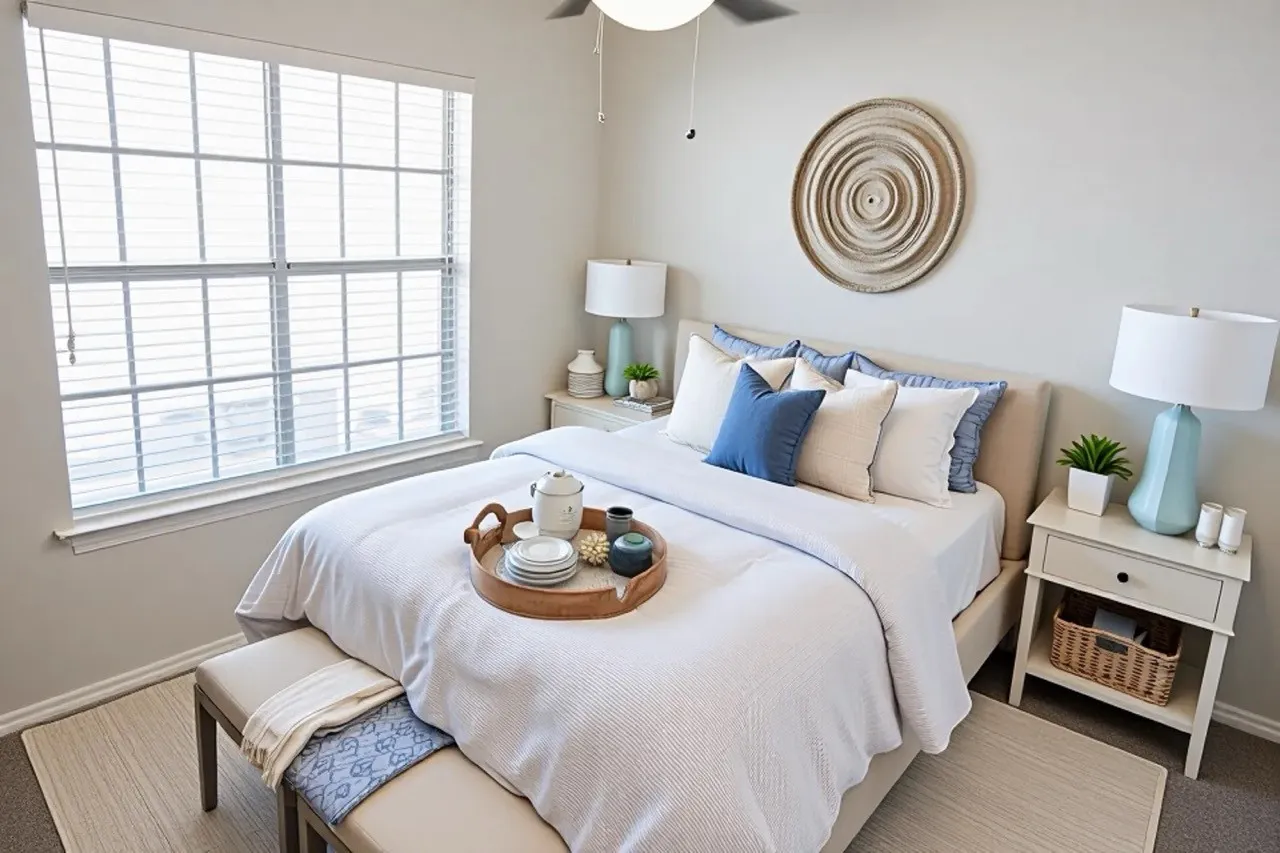 Spacious bedroom featuring a large window with white blinds, neutral wall paint, and a ceiling fan