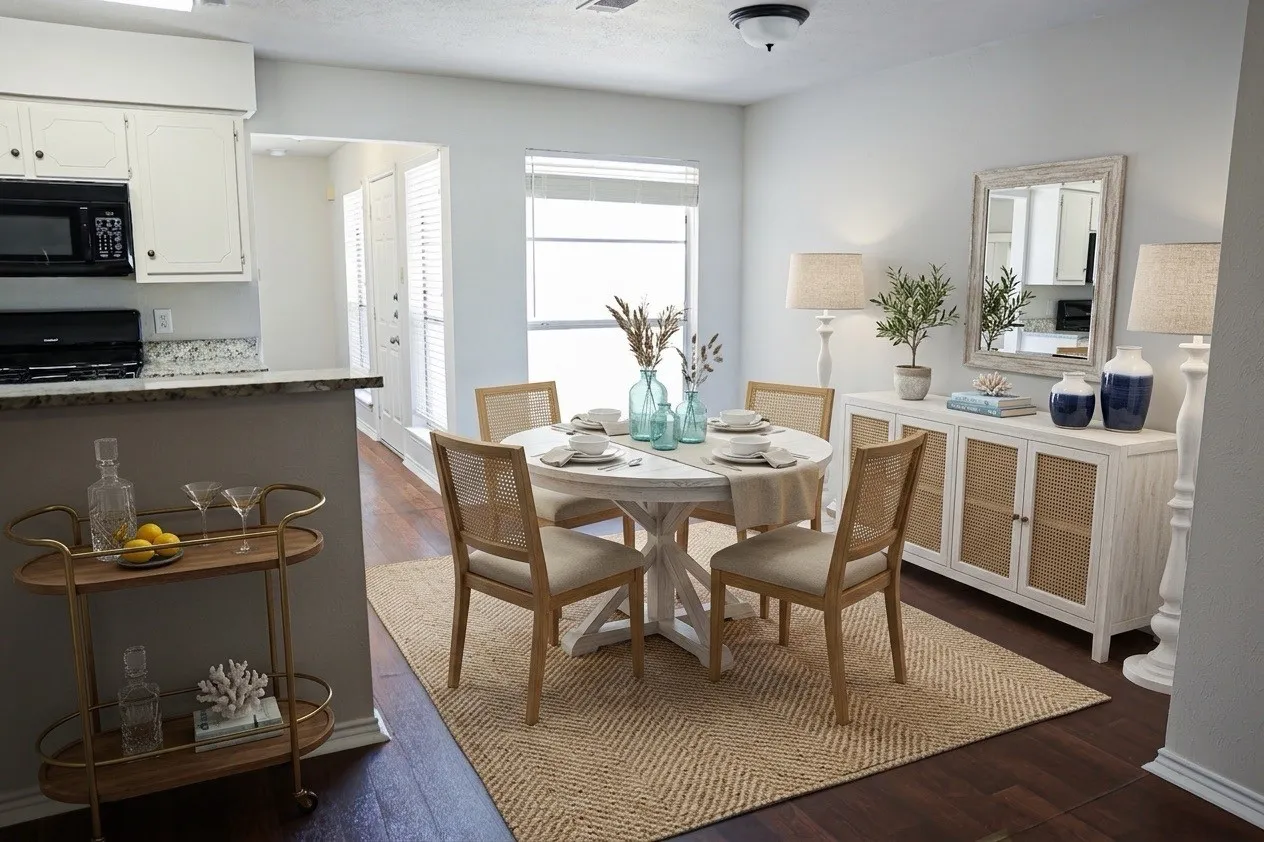 Dining area featuring wood-finish flooring, a contemporary ceiling light fixture, and a window with horizontal blinds