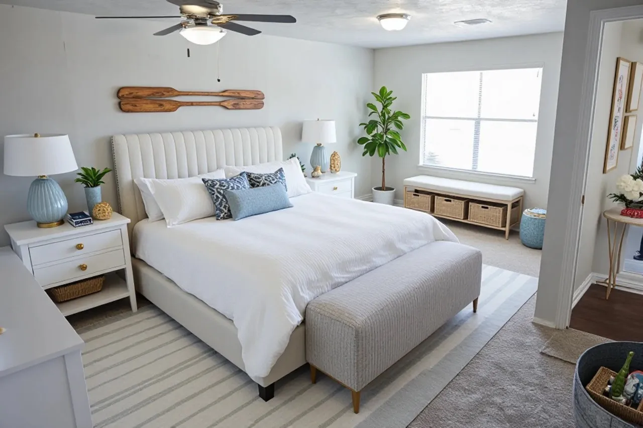 Carpeted bedroom featuring a ceiling fan with integrated lighting, a large window, a flush-mount ceiling light, and light-toned walls
