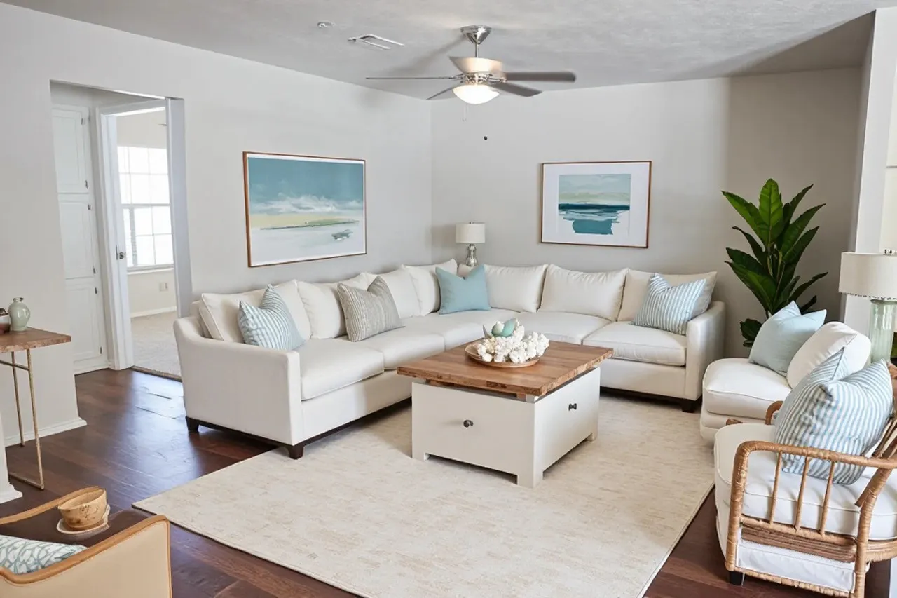 Spacious living area featuring rich wood-finish flooring, a contemporary ceiling fan, and light-toned walls