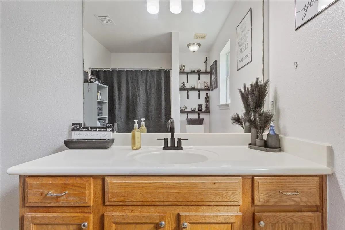 Bathroom with a textured wall, vanity, and a shower with shower curtain