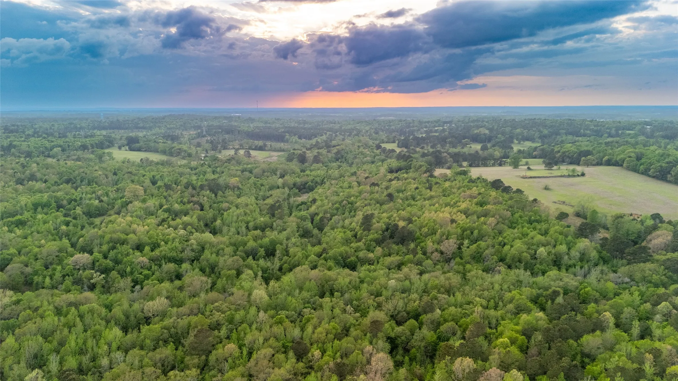Aerial view at dusk of a wooded view