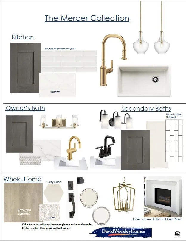 Design Selection Document. Presenting material and fixture options for the property's interior spaces