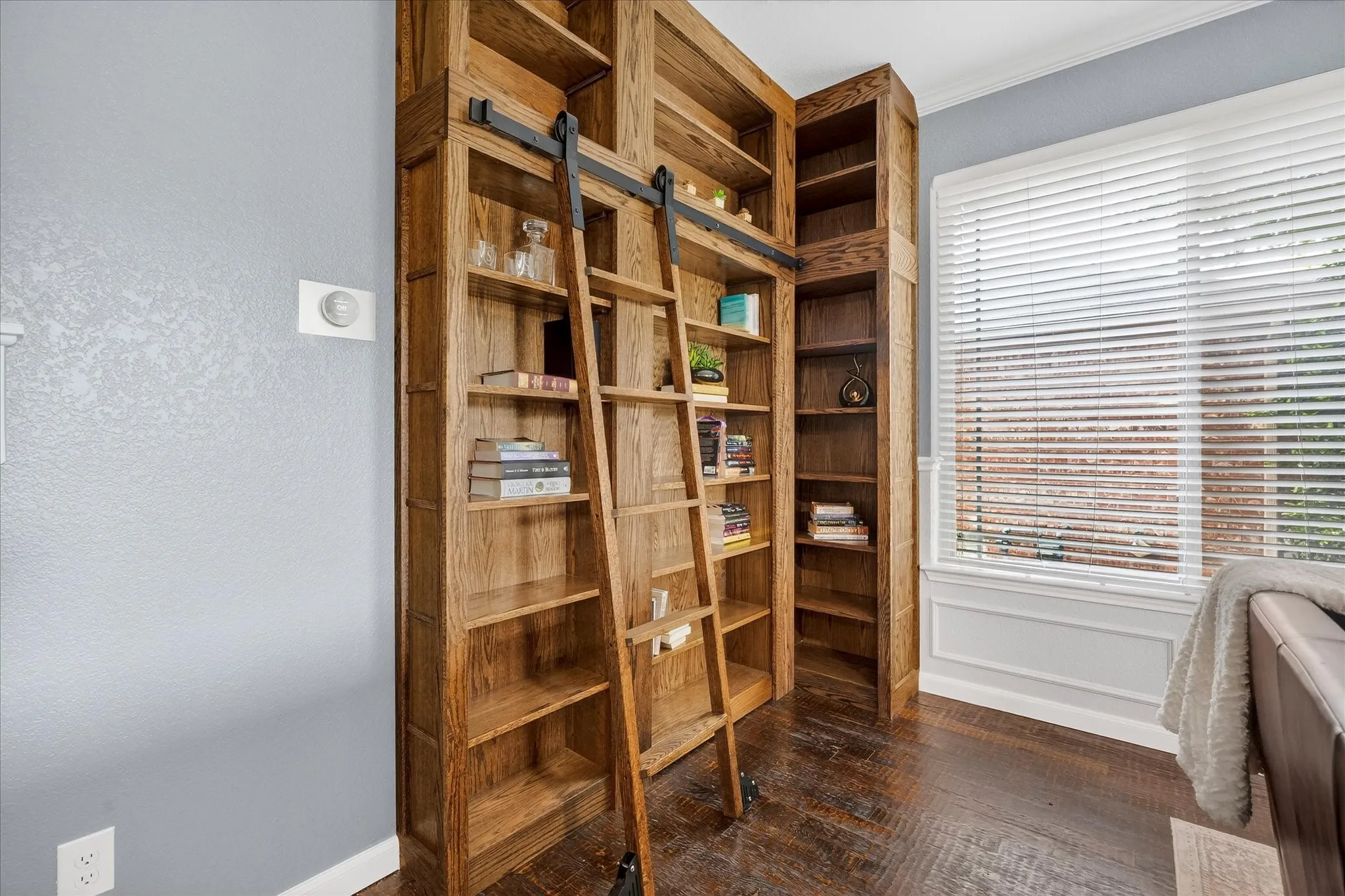 Custom built bookcase is a plus!