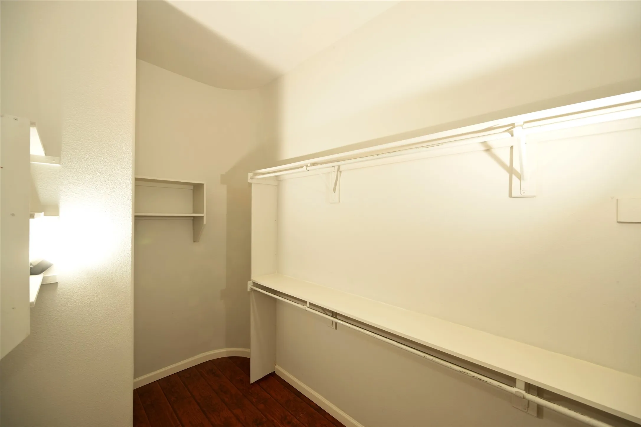 Walk-in closet featuring wood-finish flooring, white walls, and built-in shelving units