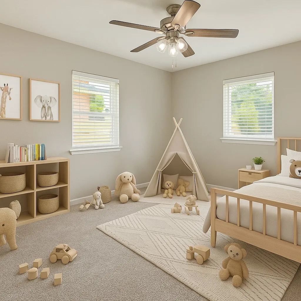 Bedroom featuring carpet and ceiling fan