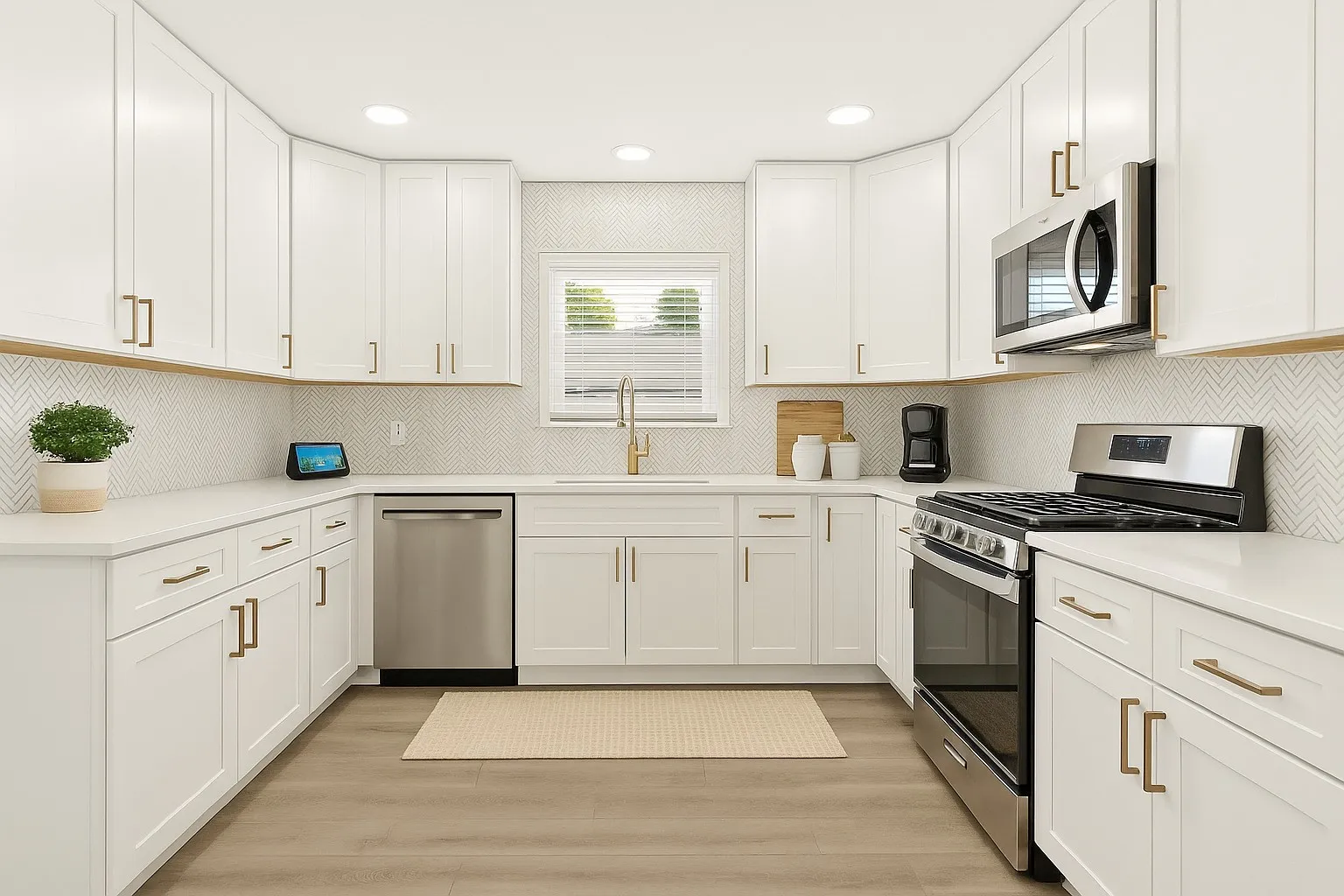 Kitchen featuring stainless steel appliances, white cabinetry, recessed lighting, and light wood-style flooring