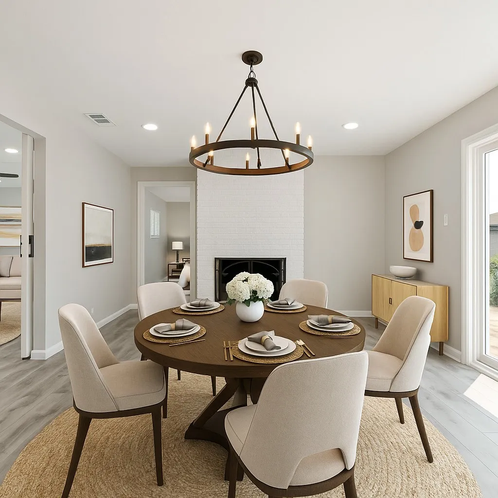 Dining room featuring light wood-style floors, a fireplace, and suspended lighting