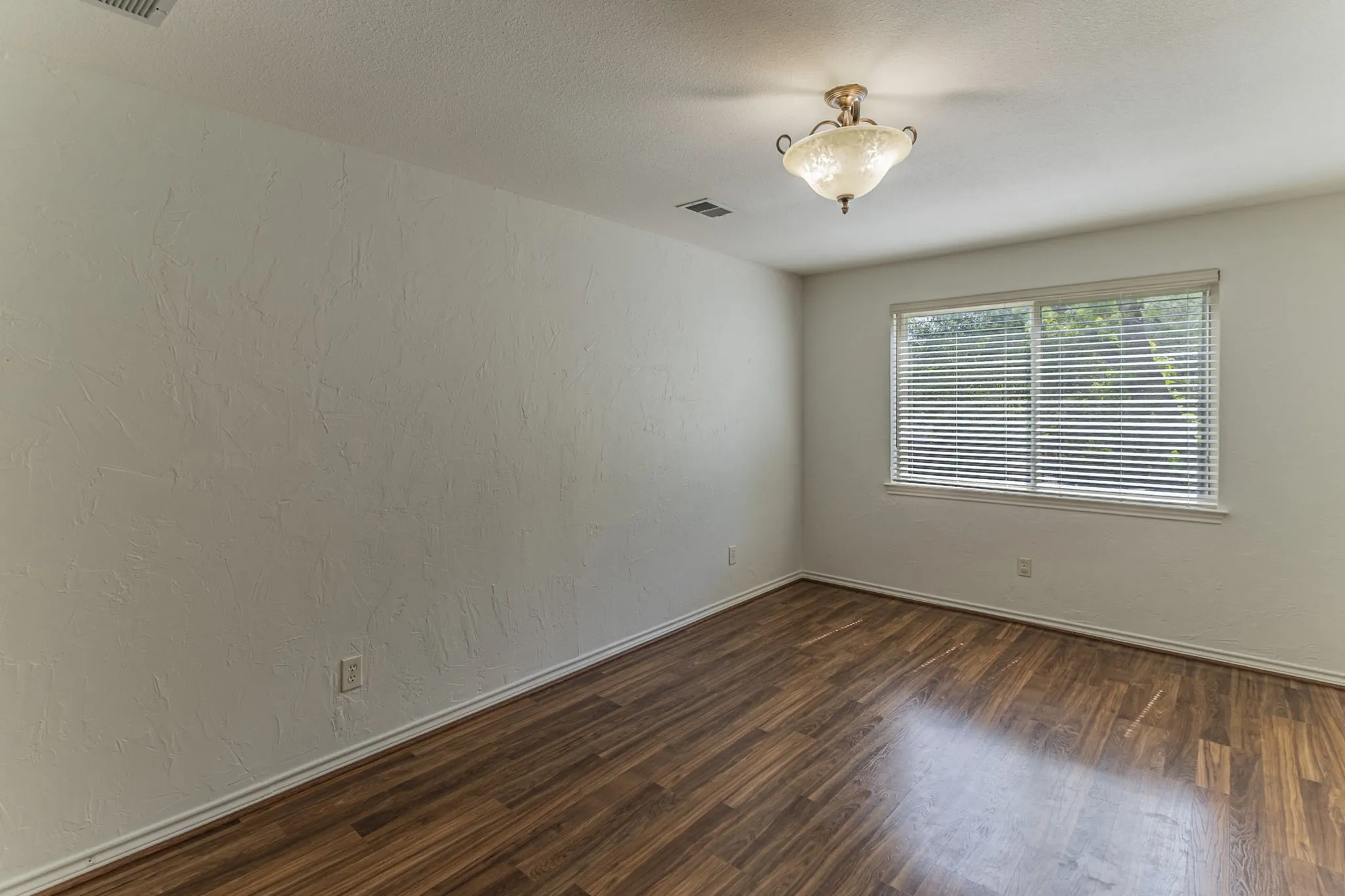 Empty room with a textured wall and dark wood finished floors