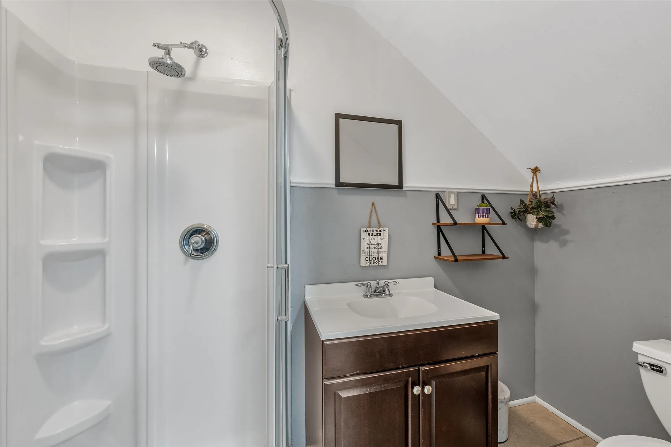 Bathroom with vaulted ceiling, a shower stall, and vanity