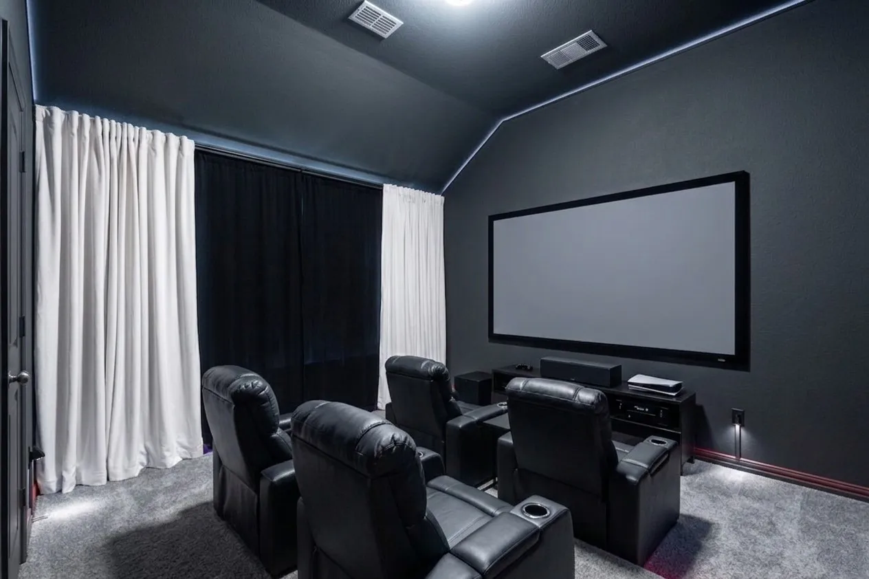 Virtually staged bedroom as media room