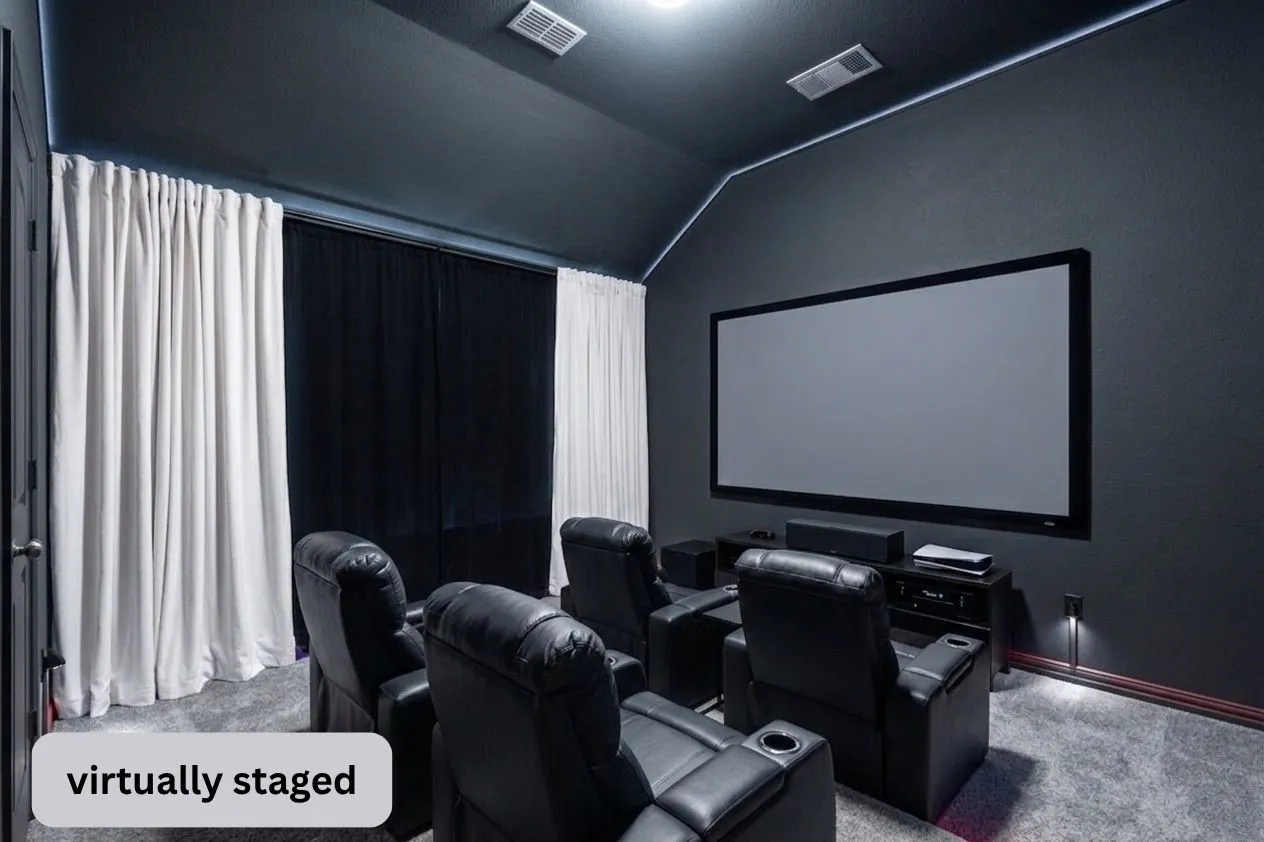 bedroom virtually staged as media room