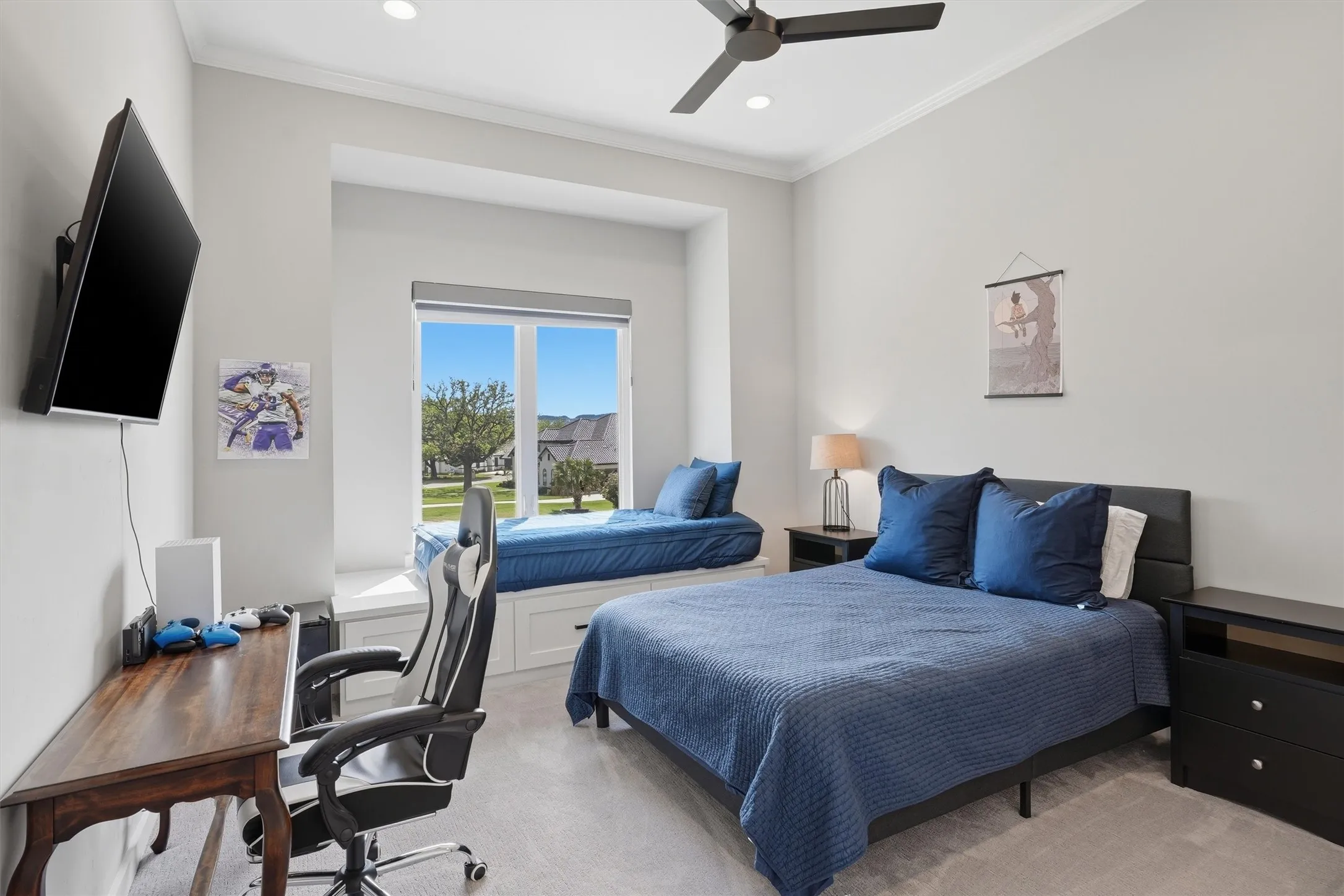 Bedroom 3 upstairs featuring an office area, light colored carpet, ornamental molding, a ceiling fan, and recessed lighting