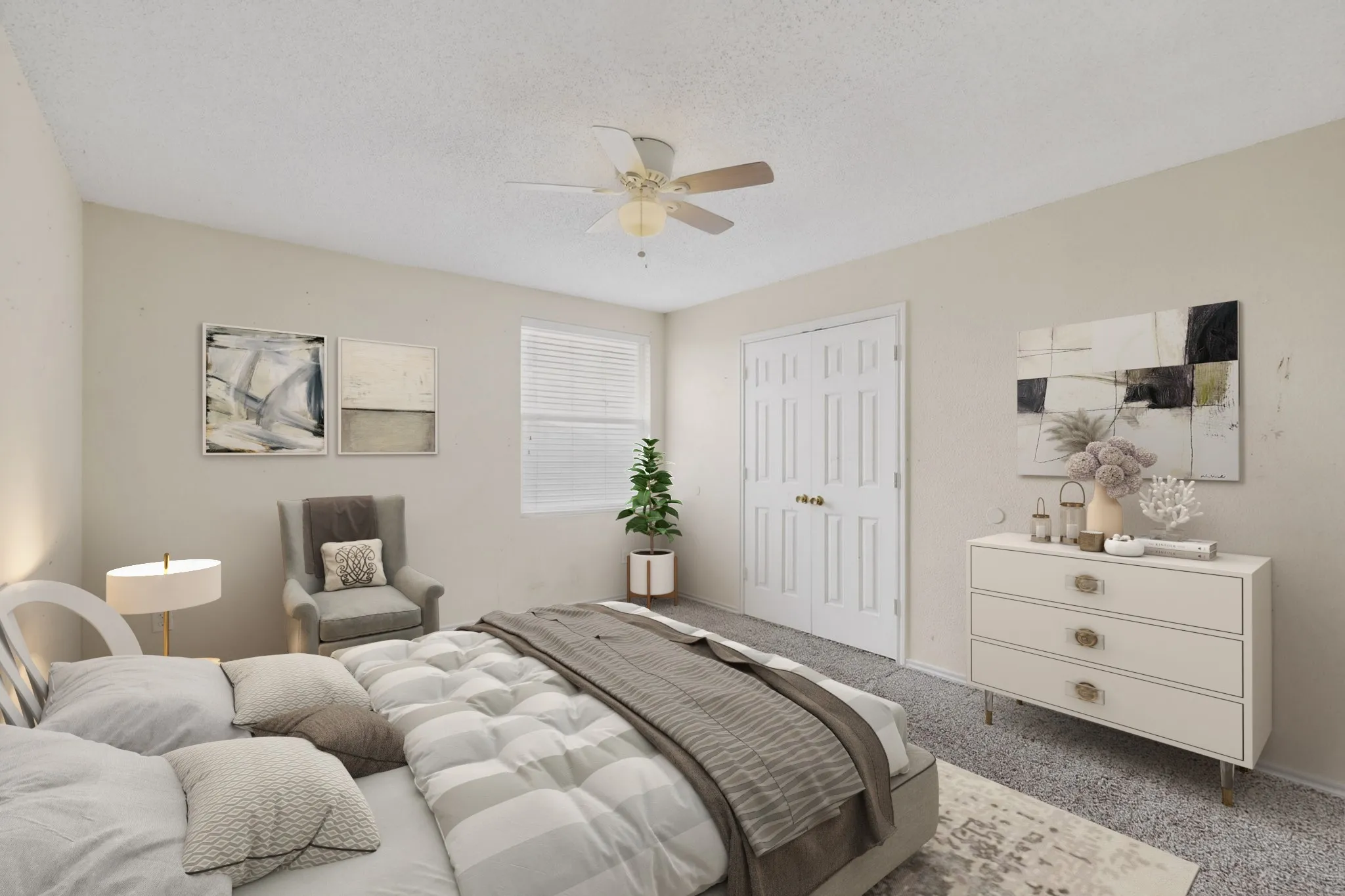Bedroom featuring carpet floors, ceiling fan, a closet, and a textured ceiling