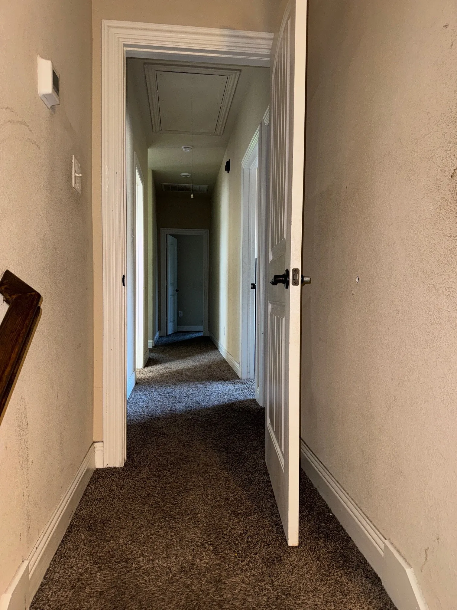 Hallway featuring brown textured carpeting, light-colored painted walls, white baseboards, and white door frames