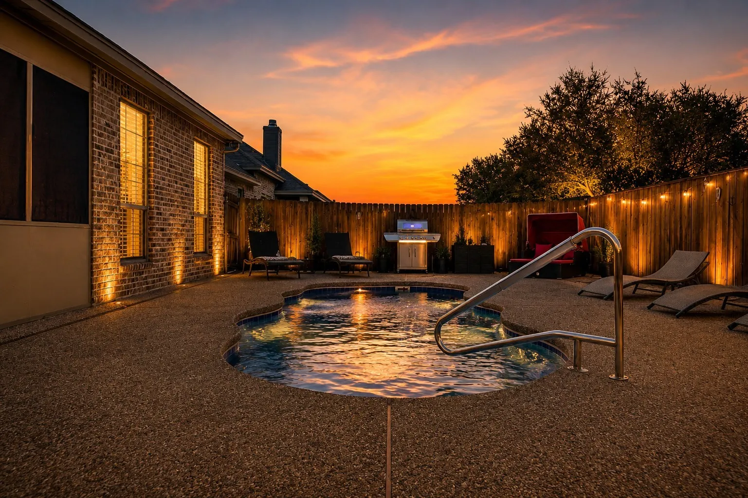 Outdoor pool area featuring a freeform pool, aggregate decking, and a wood privacy fence