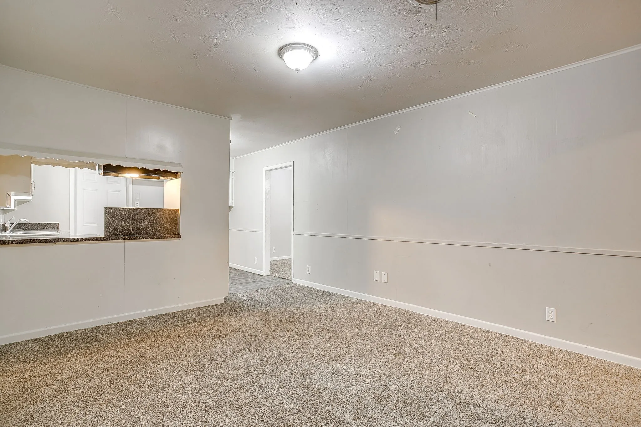 Carpeted living area with a pass-through window featuring a stone-look countertop