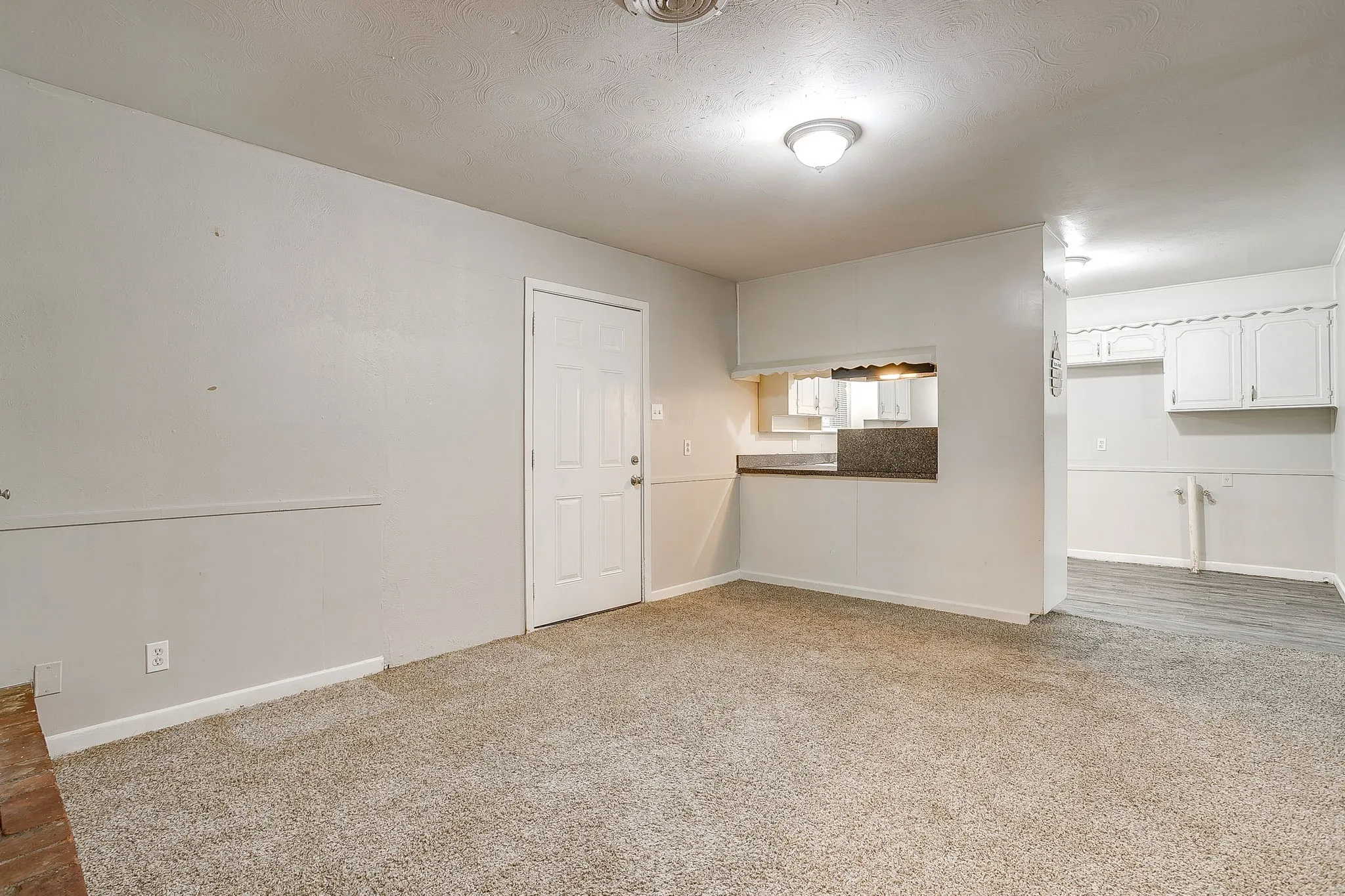 Carpeted living area featuring a pass-through window with a stone-finish countertop, a single-panel interior door, and a flush-mount ceiling light fixture