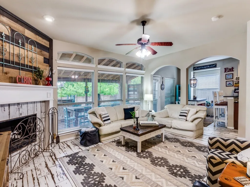 Living room, view 1  - with wall of windows overlooking HUGE covered patio!