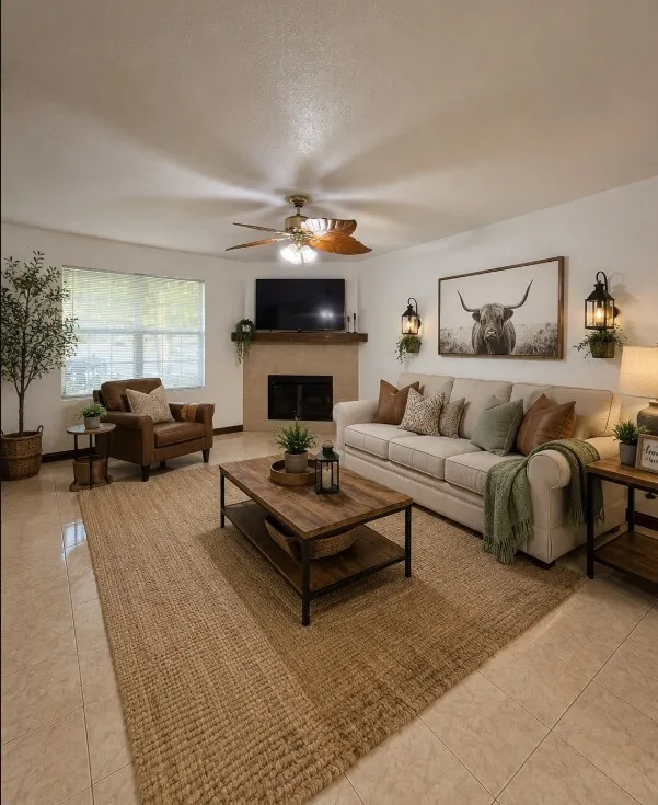 Tile flooring and a corner fireplace with a wood mantel
