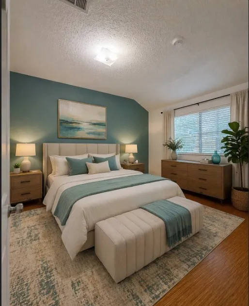 STAGED Primary Bedroom with wood finished floors