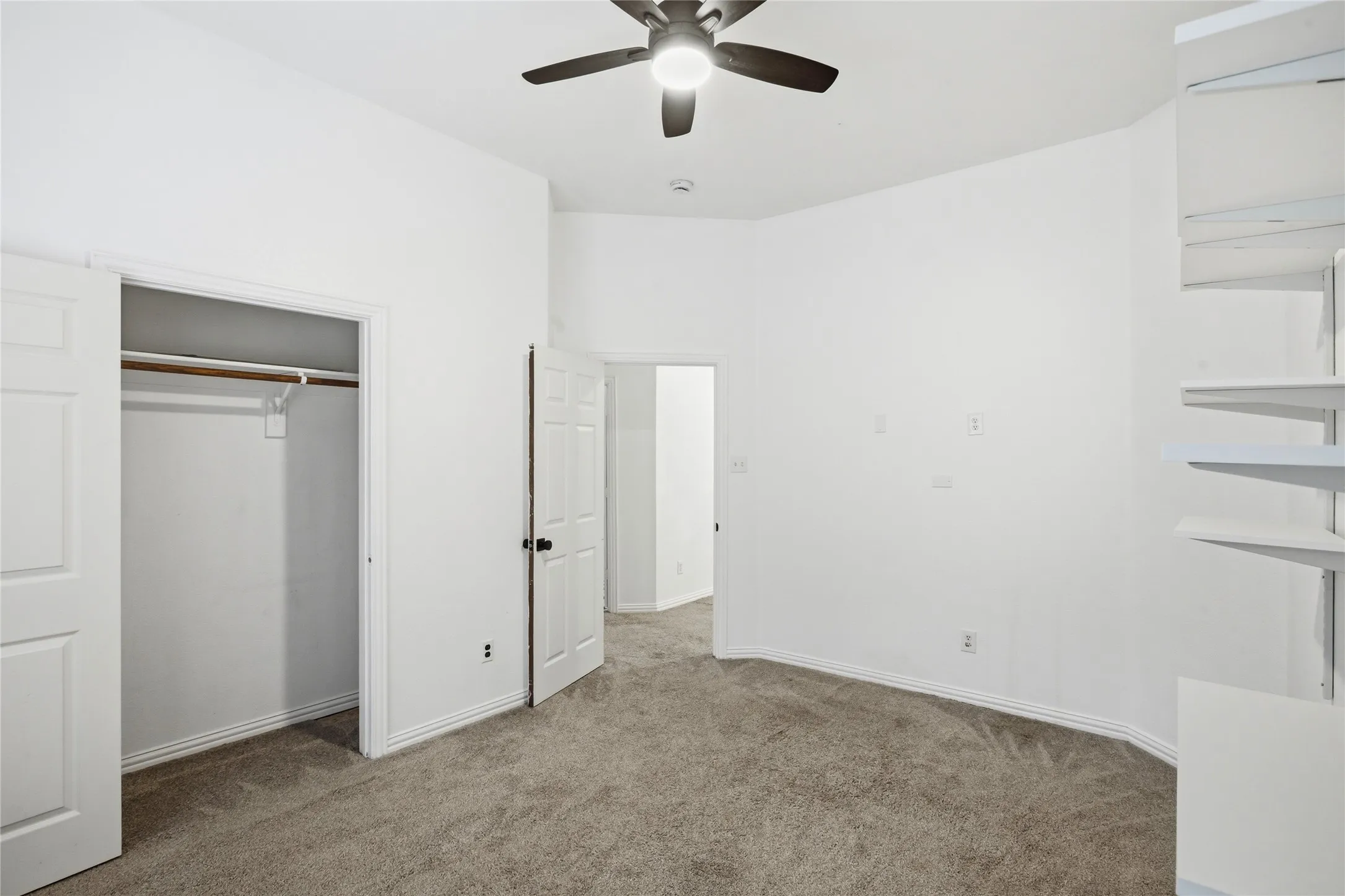 Spare bedroom with removable wall shelves.