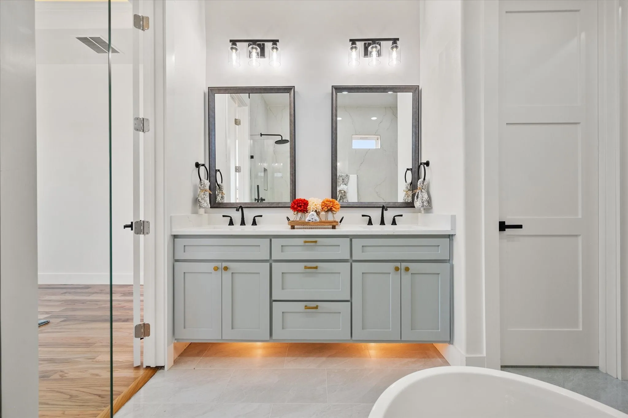 Floating cabinets with soft close drawers
