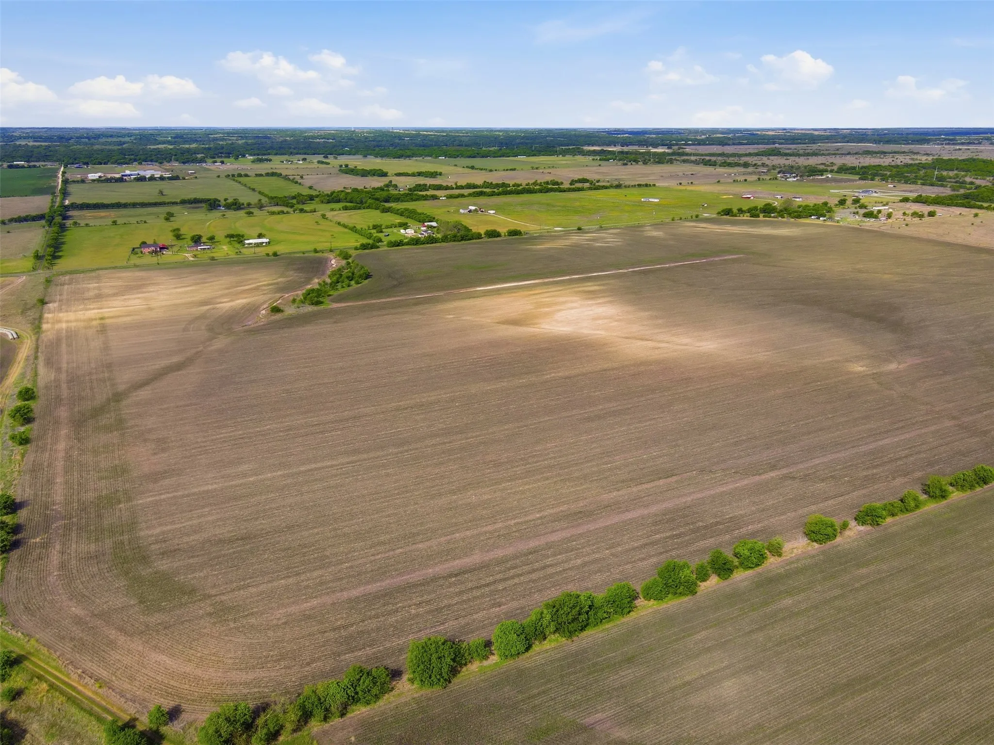 Overview of rural landscape with rows of crops