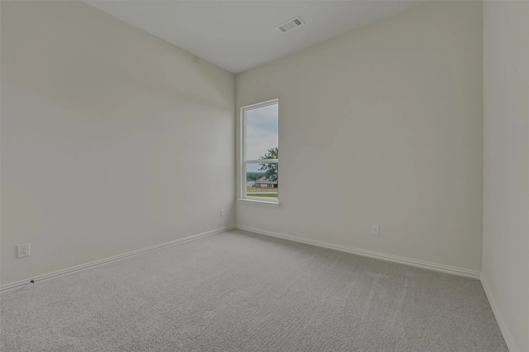 Neutral wall tones, light gray carpeting, crisp white trim, and a window framing outdoor scenery