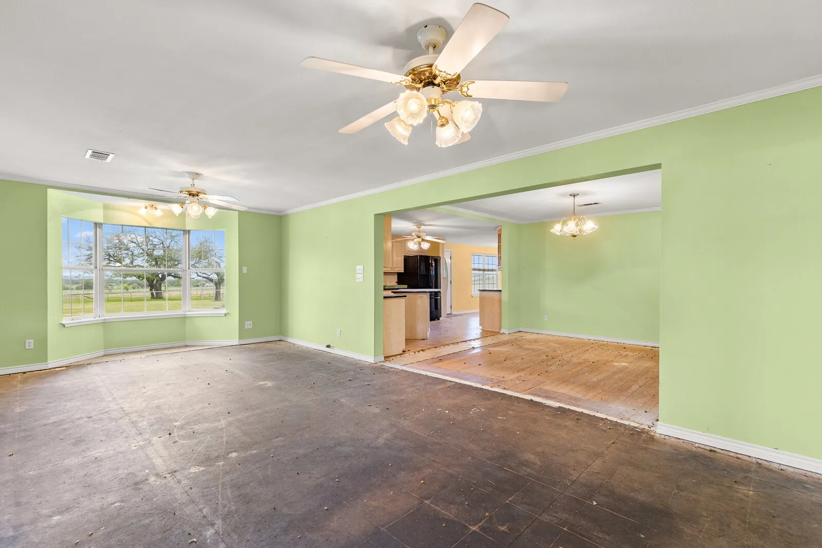 Living room into dining and kitchen